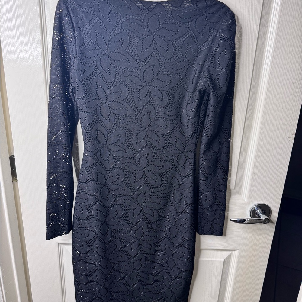 Black Bodycon Dress with Plunge Neckline and Long Sleeves - Picture 7 of 7
